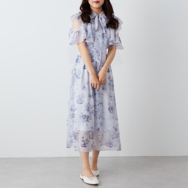 CORCOVADO オリジナルシフォンワンピース ブルーフラワー タイ付