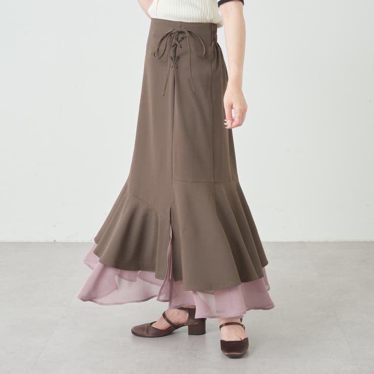 グリーン】Eツイル×シフォン切替スカート[品番：OLOW0010784]｜OLIVE