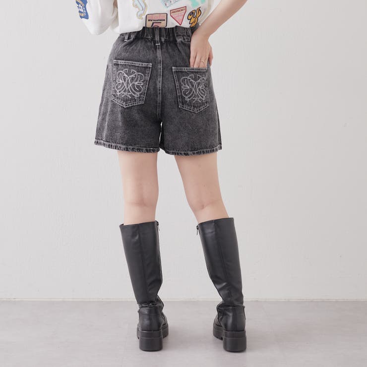 PEACE NOW エヴィちゃん刺繍付き ブラックショートパンツ ハイウエストツイルショートパンツ[品番：MKSW0065312]｜EVRIS