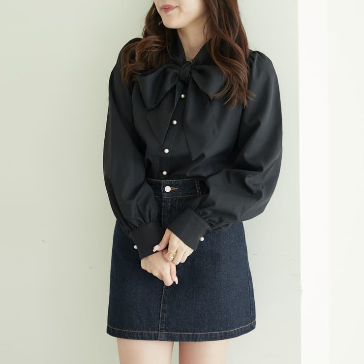 【美品】bow.a ボウエー 水際ナミナミブラウス ブラック パール釦ボウタイブラウス[品番：OLOW0011192]｜RMAF NICE CLAUP