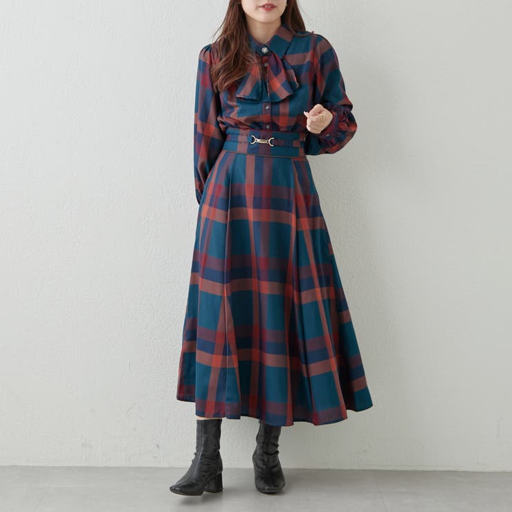 BIGチェックボウタイ裾シャーリングブラウス[品番：OLOW0011554]｜RMAF