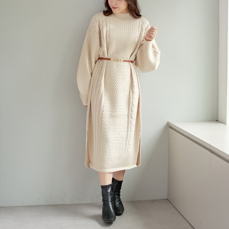 極美品.定価3.3万☆エストネーション ハイネックケーブルワンピース Fizz（フィズ） ワンピース ボリュームスリーブ ハイネックケーブル