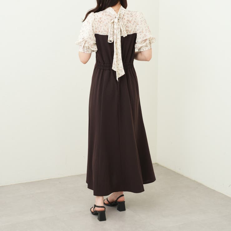 シフォン花柄×ポンチドッキングワンピース[品番：OLOW0010869