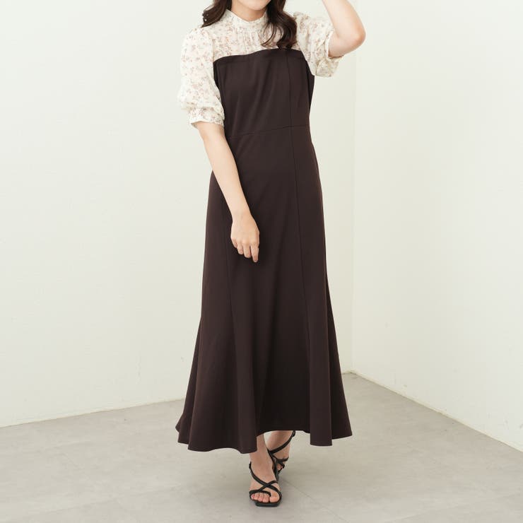 シフォン花柄×ポンチドッキングワンピース[品番：OLOW0010869