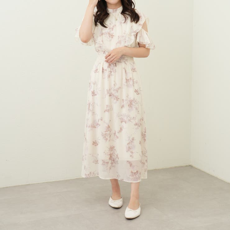 ヴィンテージ ワンピース ボウタイ シフォン 総柄 花柄 ベージュピンク レトロ セール】レディース 小花柄ボウタイシフォンAラインリゾート
