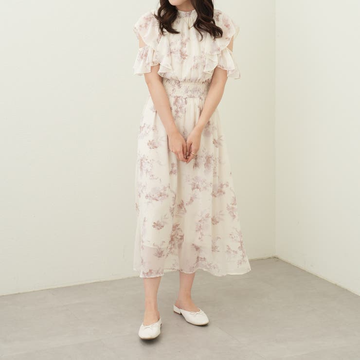 シフォン花柄袖あきボウタイワンピース[品番：OLOW0010870