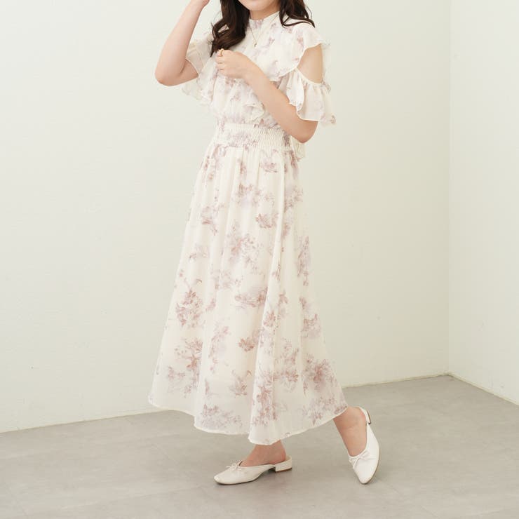 シフォン花柄袖あきボウタイワンピース[品番：OLOW0010870