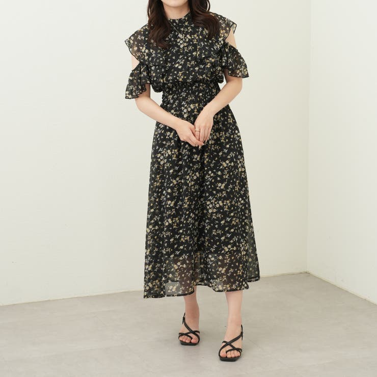 シフォン花柄袖あきボウタイワンピース[品番：OLOW0010870