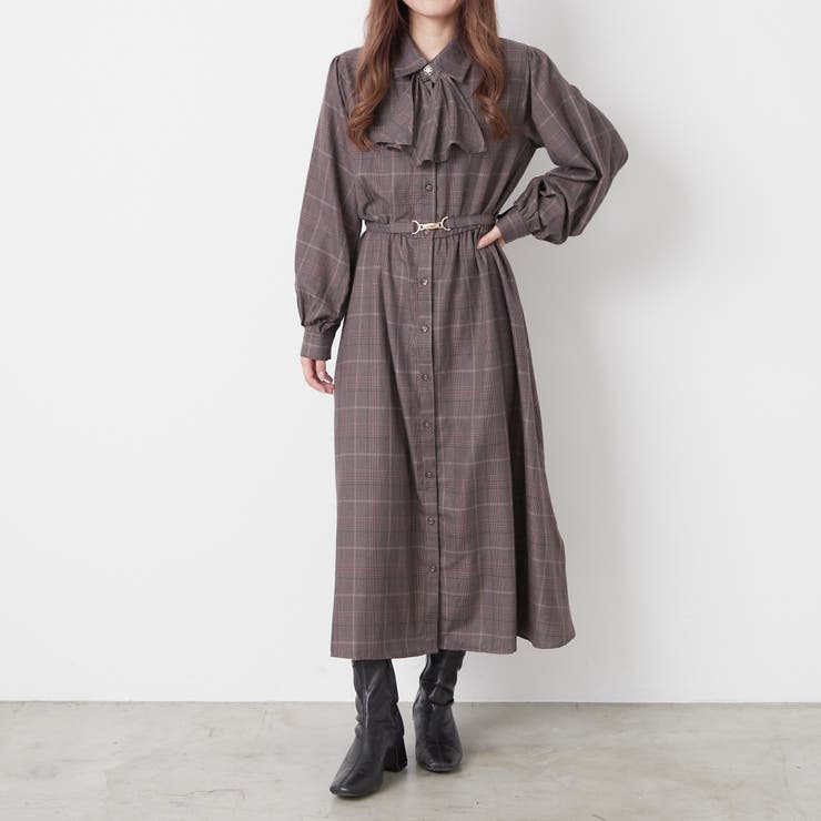 グレンチェックボウタイワンピース[品番：OLOW0011359]｜RMAF NICE