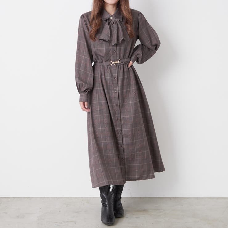 グレンチェックボウタイワンピース[品番：OLOW0011359]｜RMAF NICE