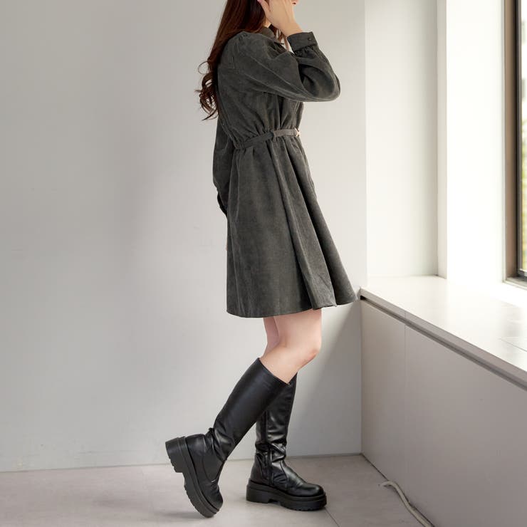 m me eme ボウタイフェザーミニワンピース　グレー【コメント必須】 TNコールボウタイミニワンピース[品番：OLOW0011783]｜RMAF NICE CLAUP