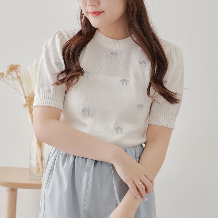 リボン刺繍ニット[品番：OLOW0012912]｜RMAF NICE CLAUP / OLIVE