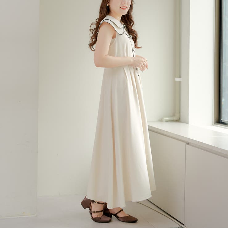 【美品】ヴェリテクール リネン シャンブレー ワンピース 白 麻 花柄パイピング 美品】ヴェリテクール リネン シャンブレー ワンピース 白 麻 花