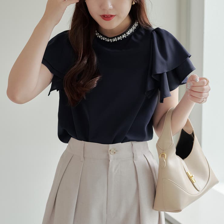 ネイビー | 衿ビジューラッフルブラウス | RMAF　NICE CLAUP / OLIVE des OLIVE