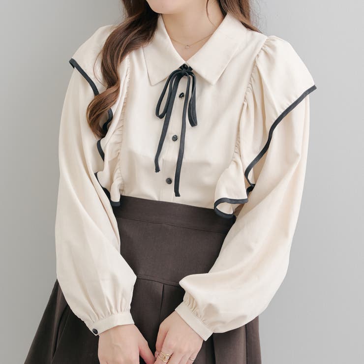 GLAMOROUS JANE リボン パイピング フリル チュニック 七分袖 白