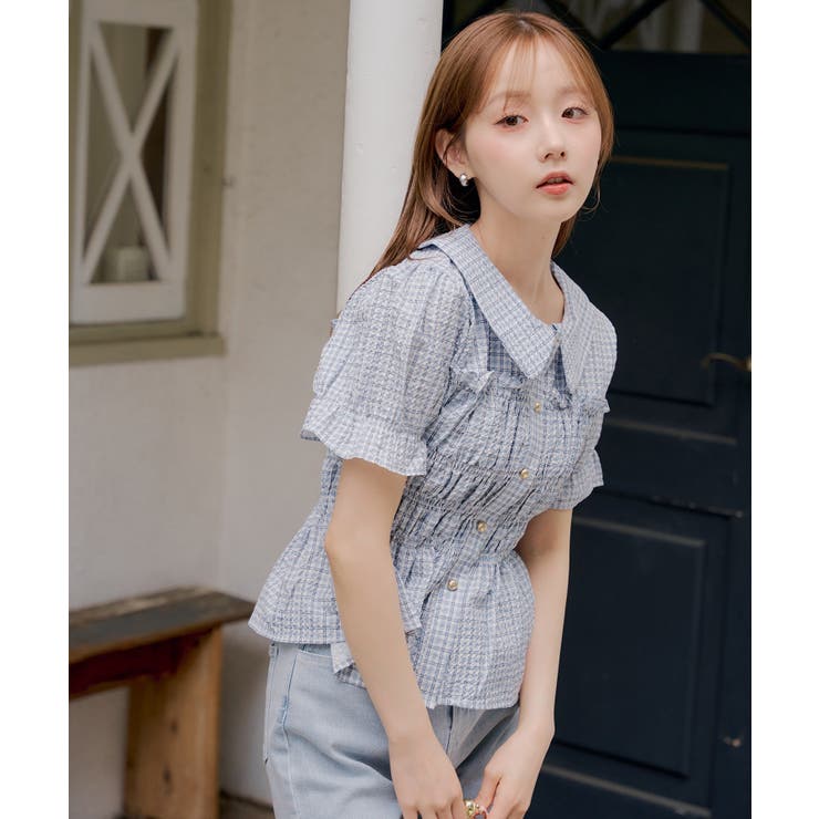 ブルー系 | 【韓国風コーデ】10色展開、シャーリング衿付ブラウス | RMAF　NICE CLAUP / OLIVE des OLIVE