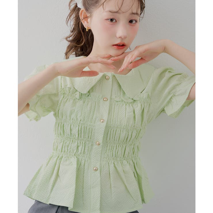 グリーン | 【韓国風コーデ】10色展開、シャーリング衿付ブラウス | RMAF　NICE CLAUP / OLIVE des OLIVE
