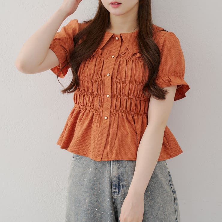 オレンジ | 【韓国風コーデ】10色展開、シャーリング衿付ブラウス | RMAF　NICE CLAUP / OLIVE des OLIVE