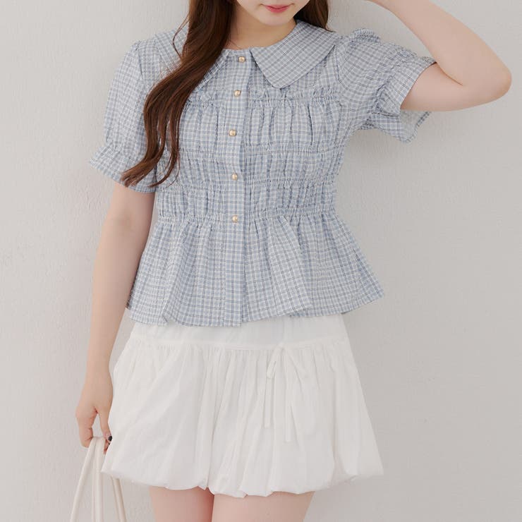 ブルー系 | 【韓国風コーデ】10色展開、シャーリング衿付ブラウス | RMAF　NICE CLAUP / OLIVE des OLIVE