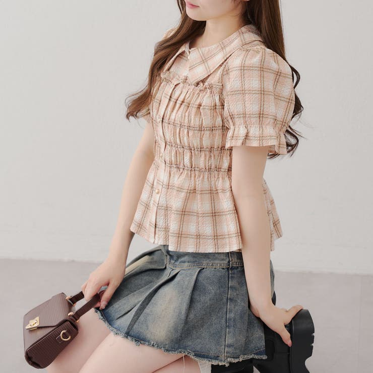 チェック | 【韓国風コーデ】10色展開、シャーリング衿付ブラウス | RMAF　NICE CLAUP / OLIVE des OLIVE