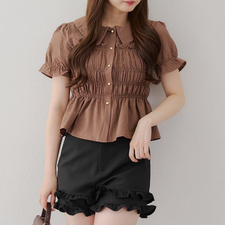 韓国風コーデ】10色展開、シャーリング衿付ブラウス[品番：OLOW0015470