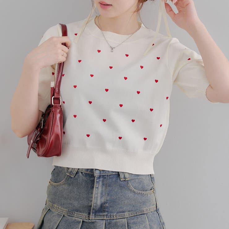 ガーリーコーデにおすすめ】ハート刺繍ニット[品番：OLOW0015471