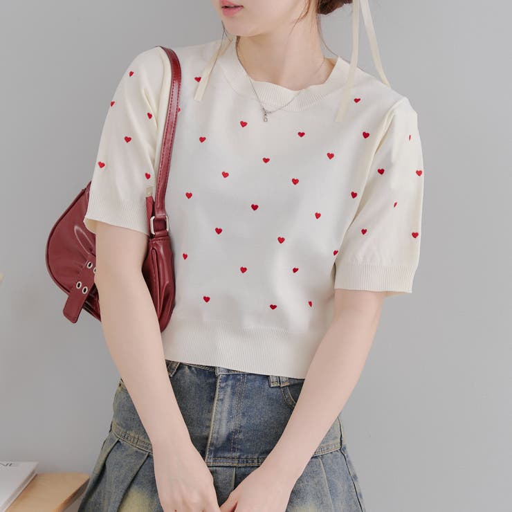 ガーリーコーデにおすすめ】ハート刺繍ニット[品番：OLOW0015471