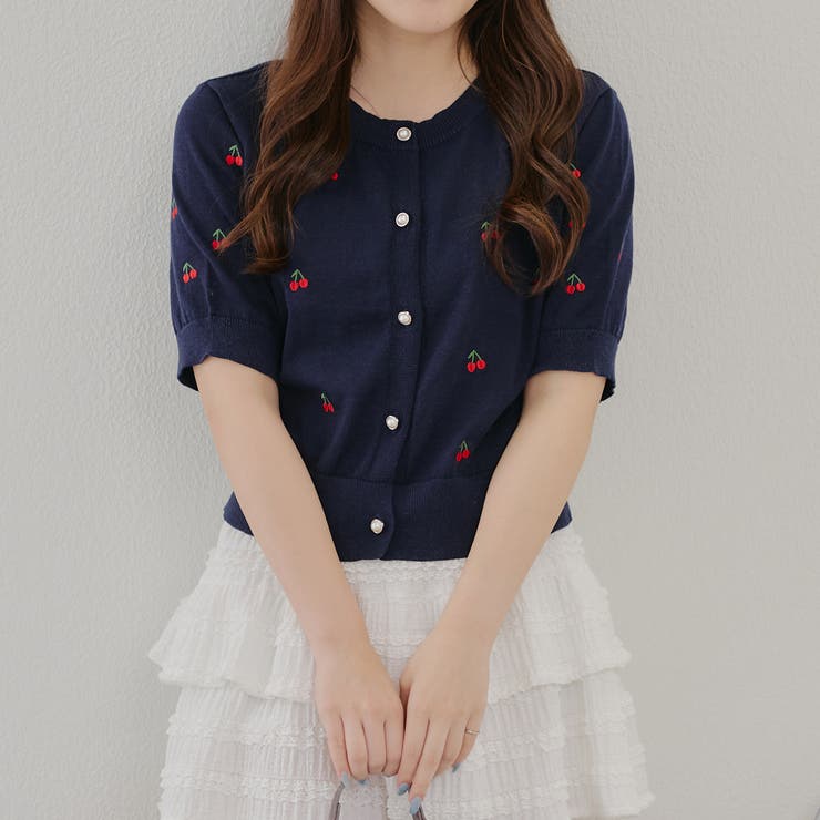 ネイビー | 【ガーリーコーデにおすすめ】チェリー刺しゅうカーデイガン | NICE CLAUP / OLIVE des OLIVE　OUTLET