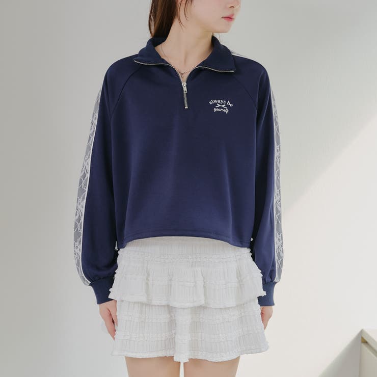 袖レースハーフZIPジャージ[品番：NCLW0015277]｜NICE CLAUP / OLIVE