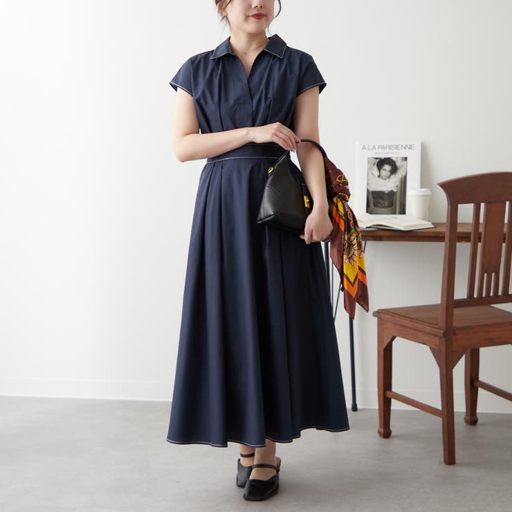 Aラインで上品魅せ】新色追加、配色ステッチスキッパーワンピース[品番