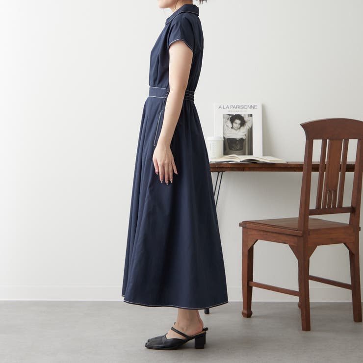 Aラインで上品魅せ】新色追加、配色ステッチスキッパーワンピース[品番