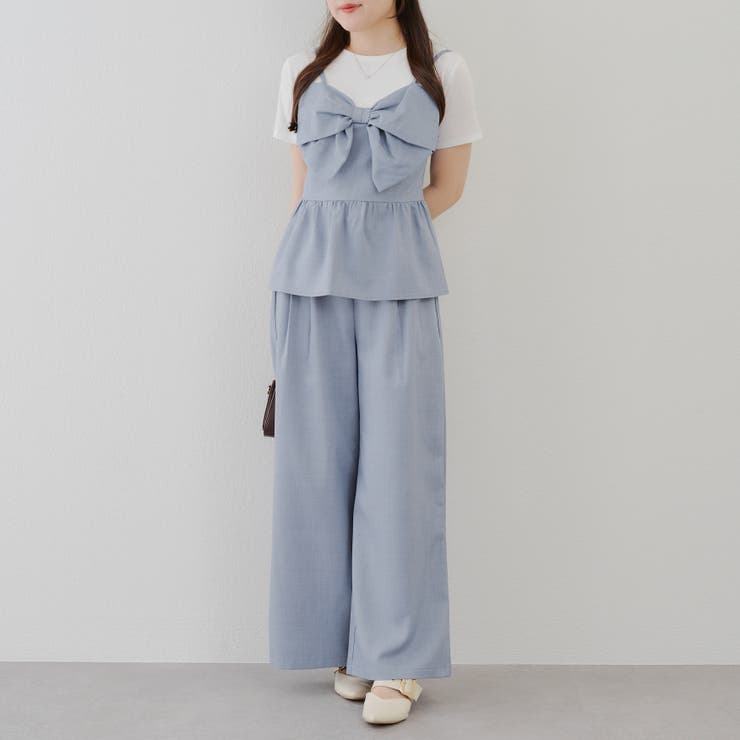 セットアップ ニット トップス パンツ リボン セットアップ 春 夏 (M〜L)スムースクリスタル プリーツ 前