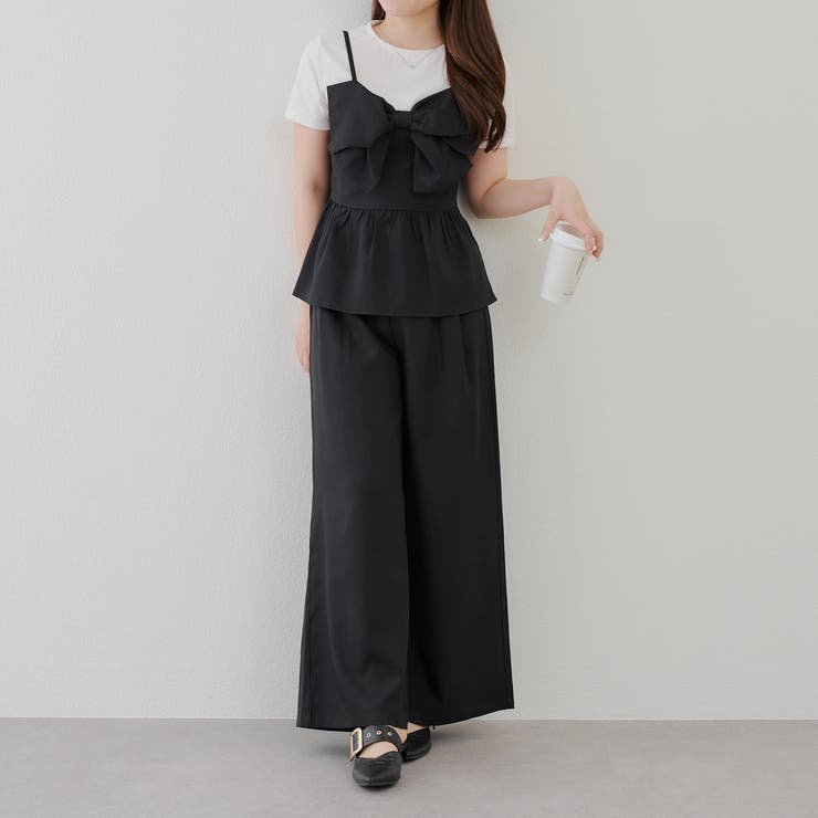 セットアップ フレアスリーブ ワイドパンツ リボン 通勤 セットアップ】ドッキングリボントップス+ワイドパンツ[品番