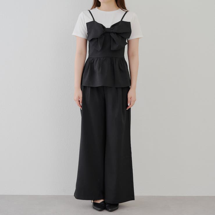 セットアップ ニット トップス パンツ リボン セットアップ】ドッキングリボントップス+ワイドパンツ[品番