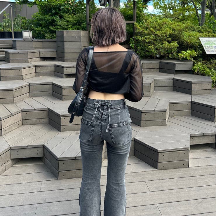 2サイズ展開】後レースアップセミフレアデニムパンツ[品番
