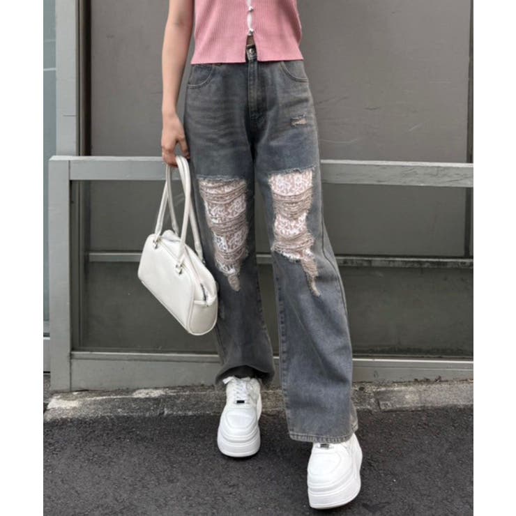 インディゴブルー | ダメージレースデニムパンツ | RMAF　NICE CLAUP / OLIVE des OLIVE