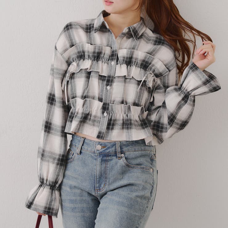 韓国ガーリー】胸リボンチェックシャツ[品番：OLOW0016579]｜RMAF NICE
