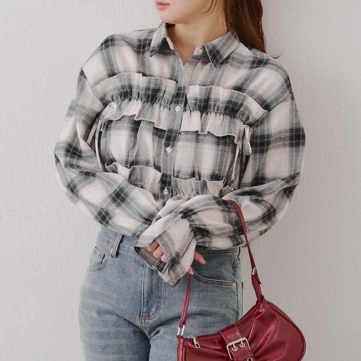 【韓国ガーリー】胸リボンチェックシャツ | RMAF　NICE CLAUP / OLIVE des OLIVE | 詳細画像3 