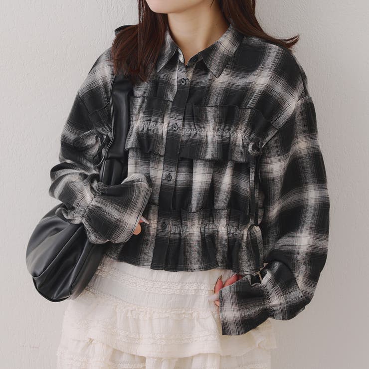 ブラック | 【韓国ガーリー】胸リボンチェックシャツ | RMAF　NICE CLAUP / OLIVE des OLIVE