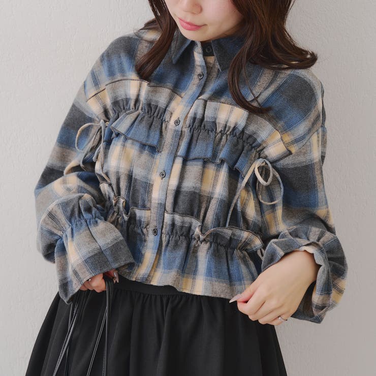 ブルー | 【韓国ガーリー】胸リボンチェックシャツ | RMAF　NICE CLAUP / OLIVE des OLIVE