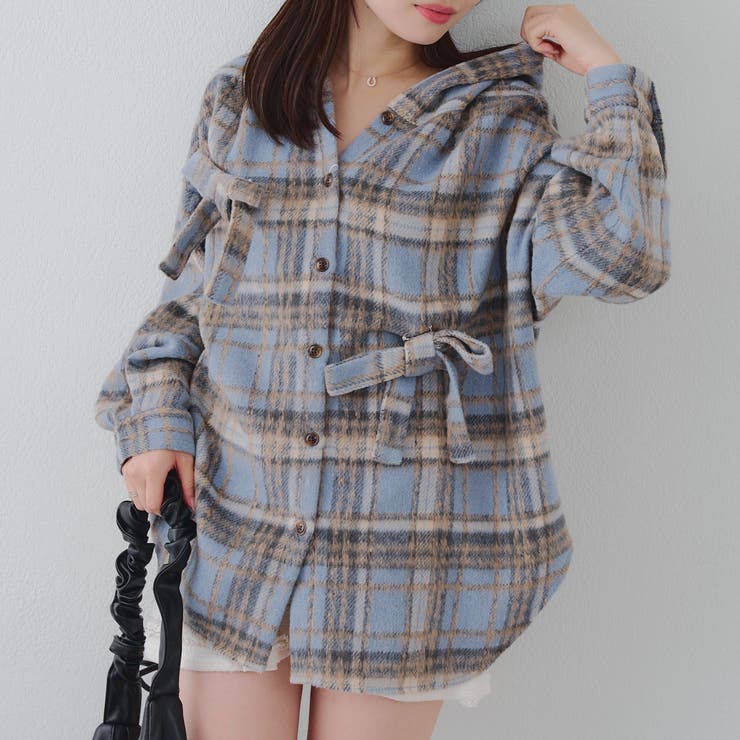 サックス | リボン付チェックフードシャツ | RMAF　NICE CLAUP / OLIVE des OLIVE