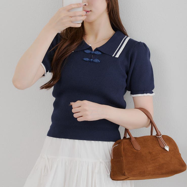 チャイナポロ半袖ニット[品番：OLOW0016172]｜RMAF NICE CLAUP / OLIVE