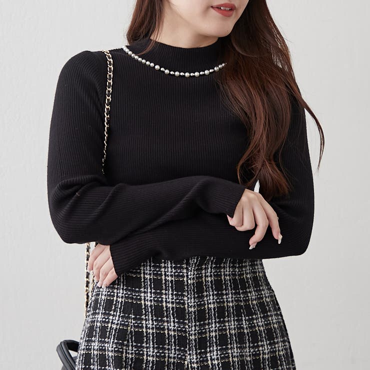 ブラック | 【7色展開】パール付プチハイリブニット | RMAF　NICE CLAUP / OLIVE des OLIVE