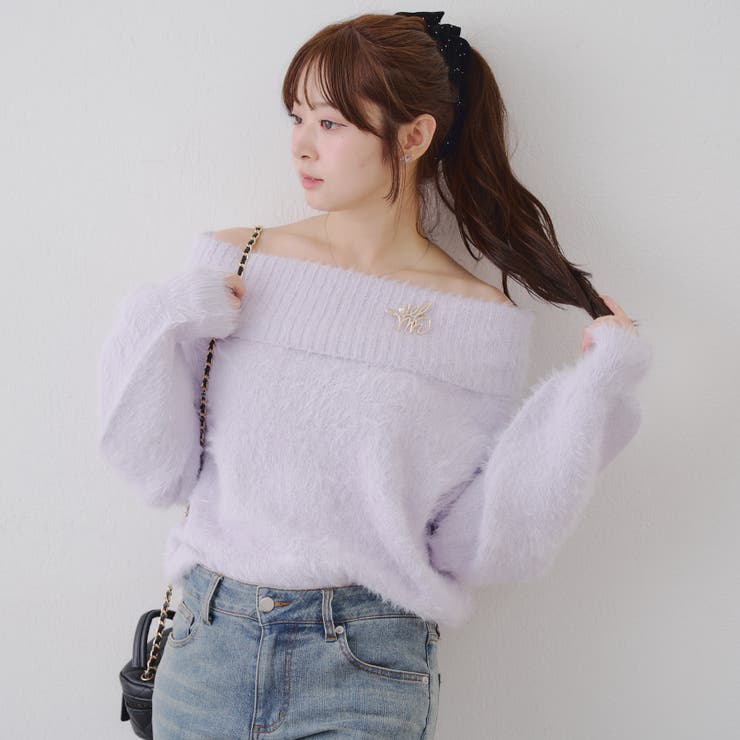 【ブローチ付き】オフショルシャギーニット | RMAF　NICE CLAUP / OLIVE des OLIVE | 詳細画像2 