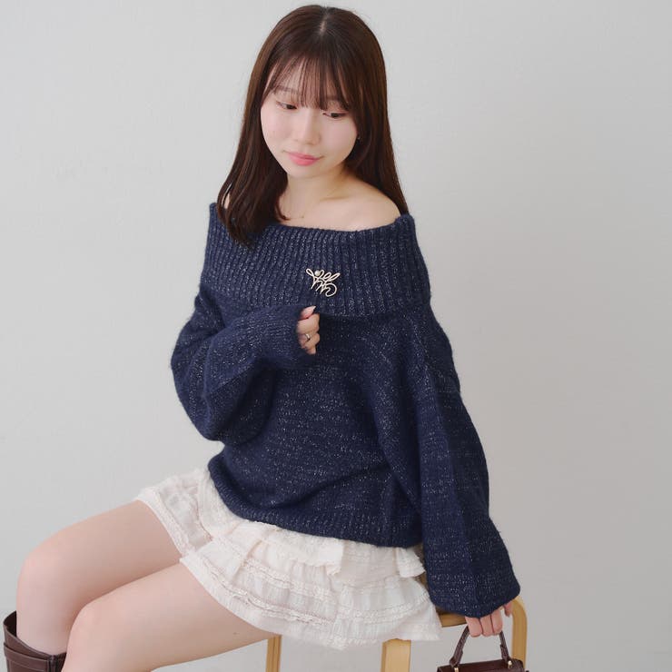 ネイビー | 【ブローチ付き】オフショルシャギーニット | RMAF　NICE CLAUP / OLIVE des OLIVE