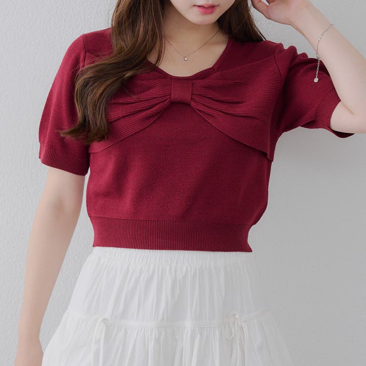 リボンモチーフ半袖ニット[品番：OLOW0016409]｜RMAF NICE CLAUP