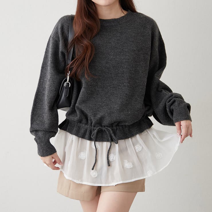 チャコール | 3Dフラワー付ニットチュニック | RMAF　NICE CLAUP / OLIVE des OLIVE