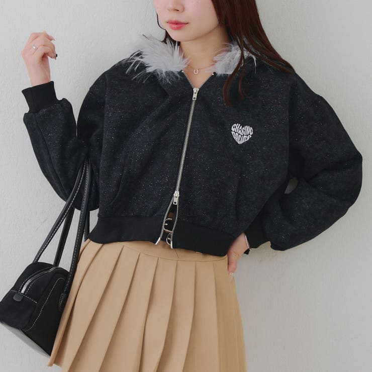 ブラック | 【セットアップ対応】フードファー付キラキラパーカー | RMAF　NICE CLAUP / OLIVE des OLIVE