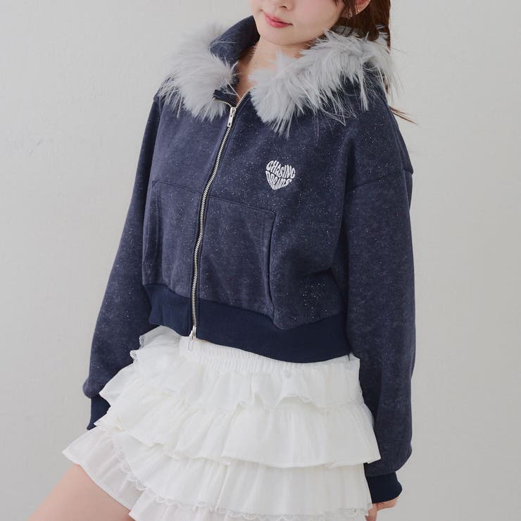 ネイビー | 【セットアップ対応】フードファー付キラキラパーカー | RMAF　NICE CLAUP / OLIVE des OLIVE