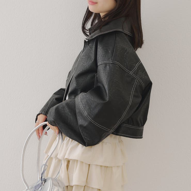 美品★CYCLAS★クロップド丈ノーカラーショートブルゾン★ダブルジップ High neck zip-up short blouson/ハイネックジップアップ